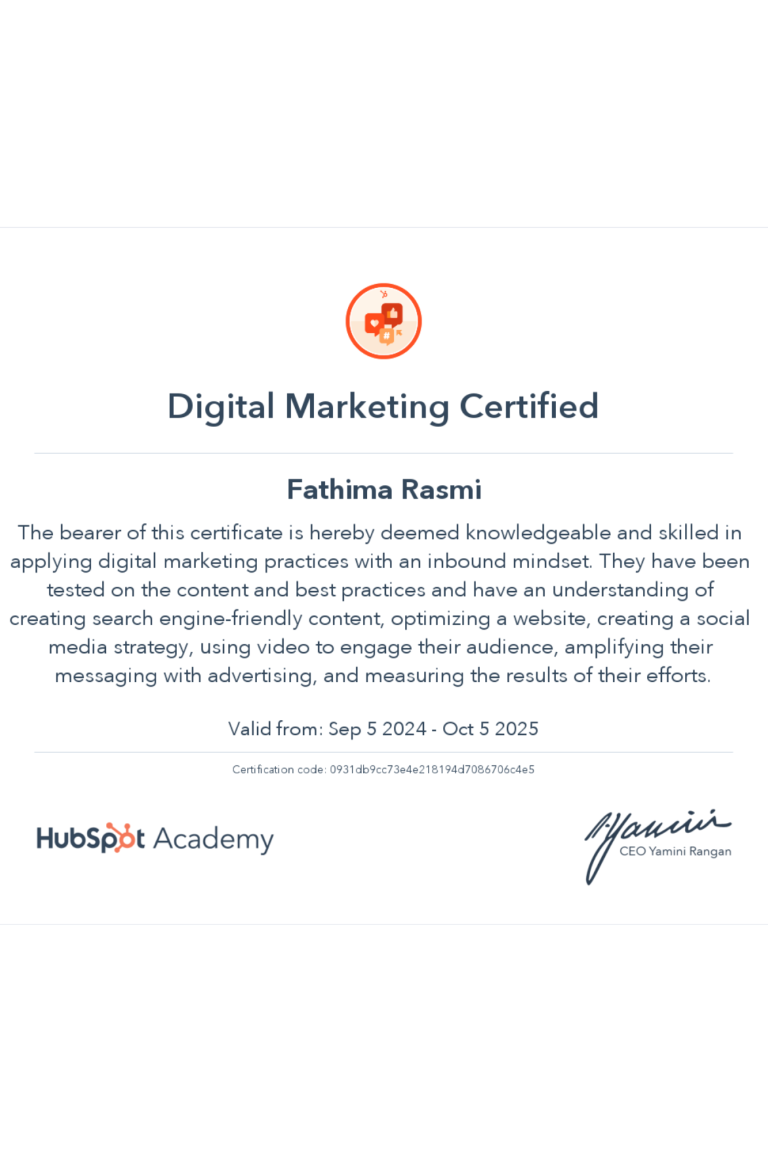 Best freelance digital marketer Thrissur certificate of Digital Marketing from HubSpot Academy