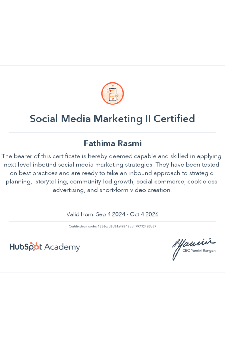 SMM Specialist certificate of Social Media Marketing 2 from HubSpot Academy