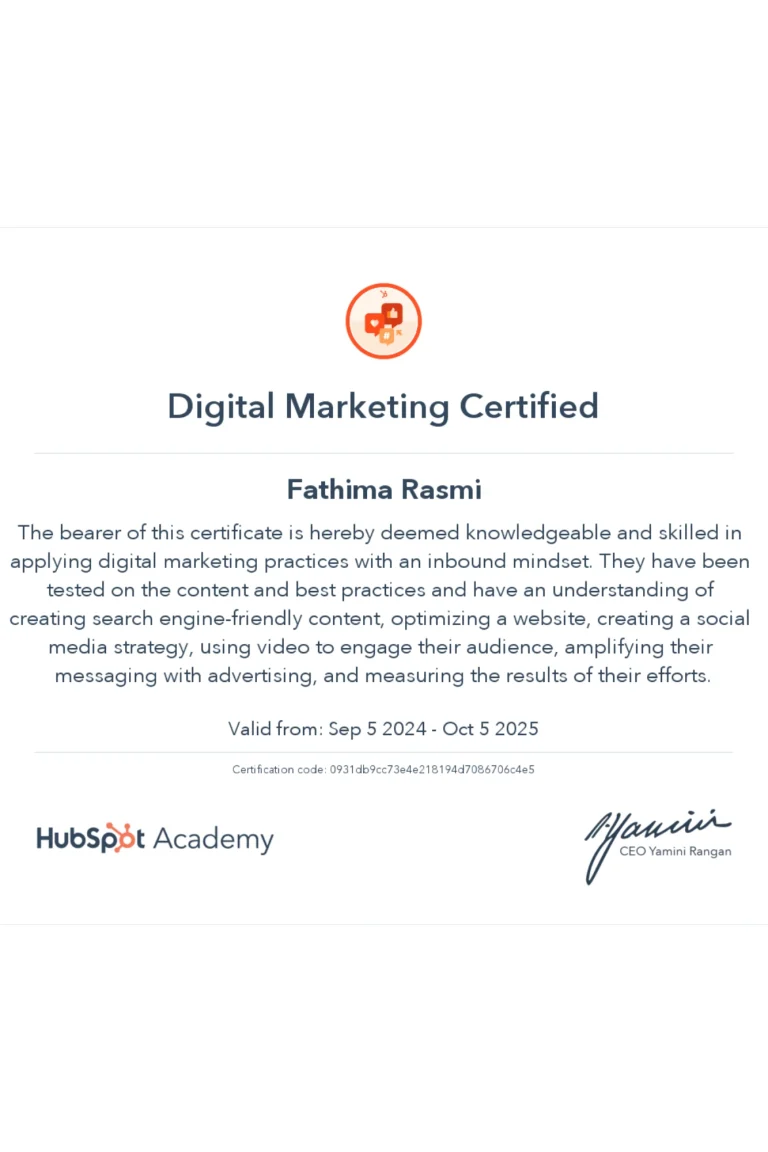 best freelance digital marketer in Thrissur certification of Digital Marketing from Hubspot academy