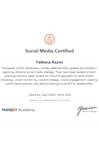 best freelance digital marketer in thrissur kerala certificate of Social Media from Hubspot academy